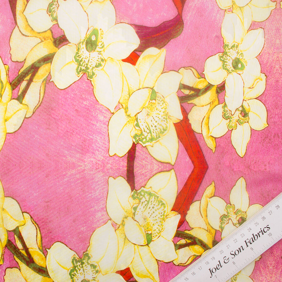 Yellow Floral Printed Pink Cotton Voile (A 1.90m Piece)