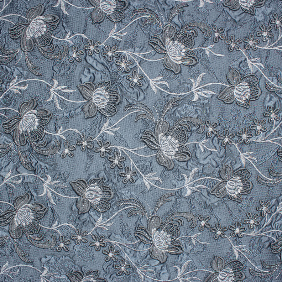 Airforce Blue Floral Embroidered Cloqué