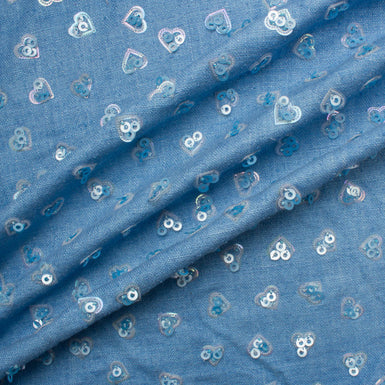 Blue Floral Embroidered Silk Tweed
