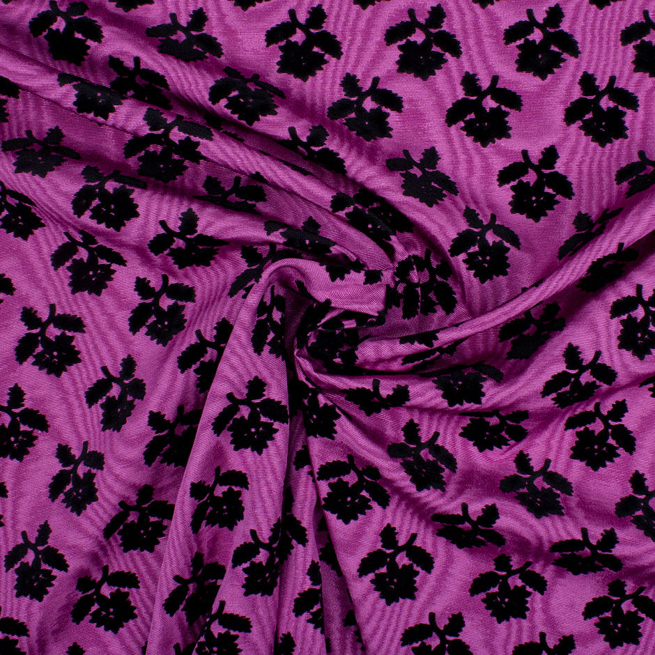 Black Flocked Floral Purple Faille (A 2m Piece)