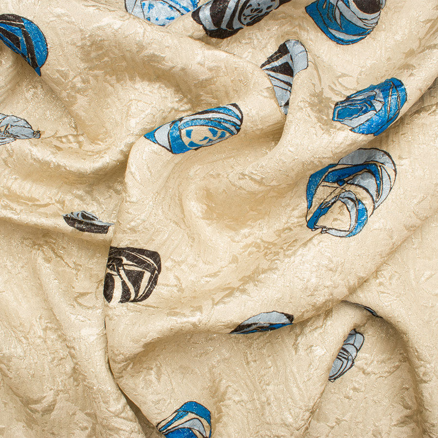 Blue Floral Printed Cloqué Lamé