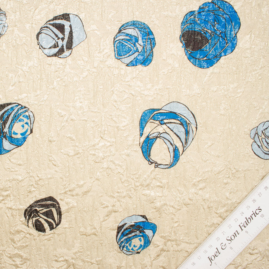 Blue Floral Printed Cloqué Lamé