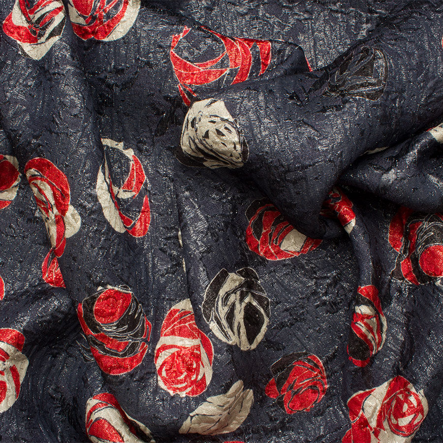 Red Floral Printed Cloqué Lamé