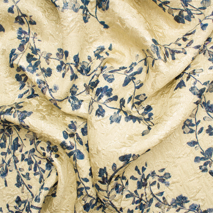 Blue Floral Printed Cloqué Lamé