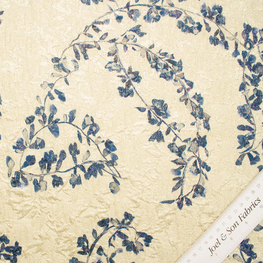 Blue Floral Printed Cloqué Lamé