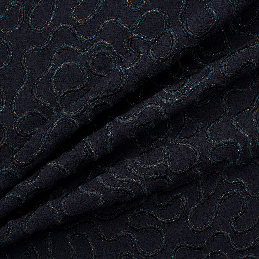 Midnight Blue Embroidered Double Wool Crêpe