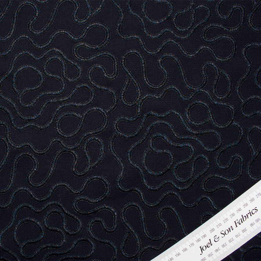 Midnight Blue Embroidered Double Wool Crêpe