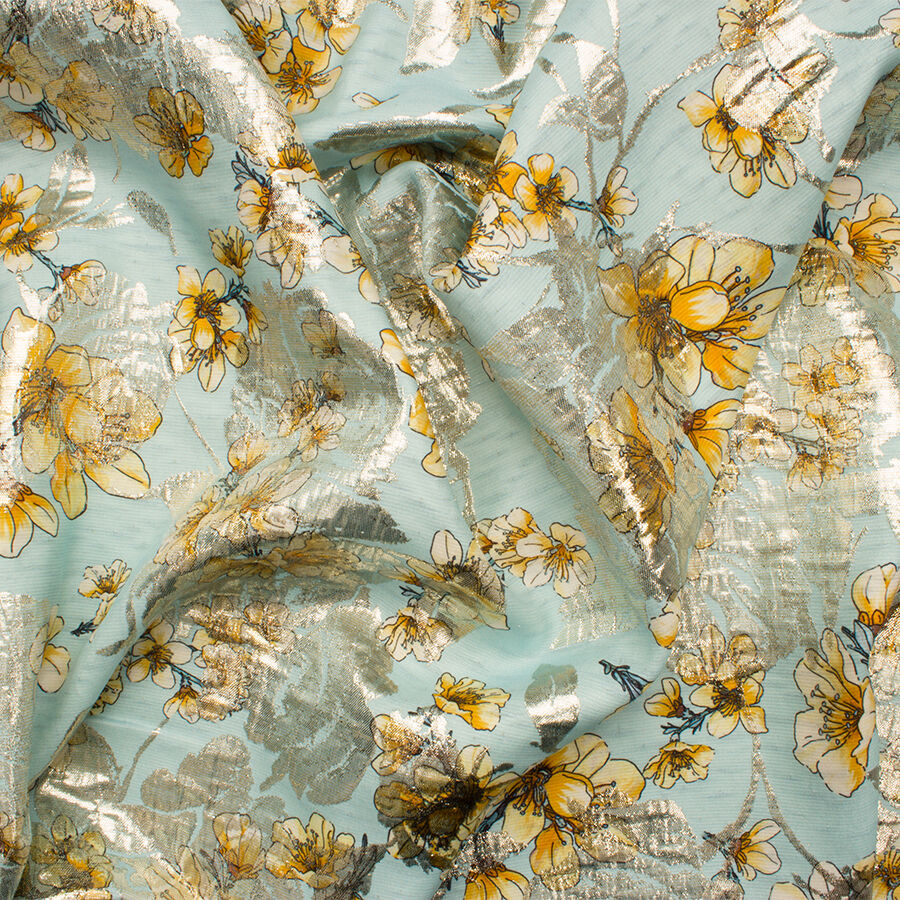 Baby Blue/Yellow Floral Silk Cloqué