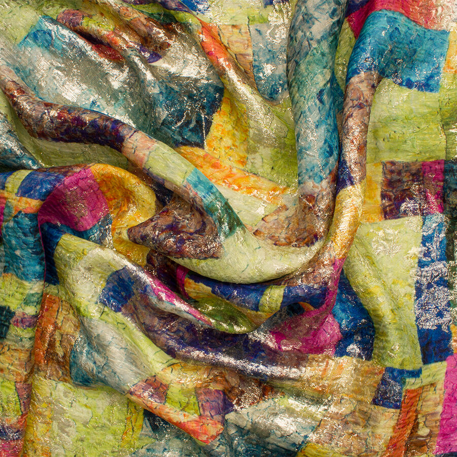 Multi-Coloured 'Patchwork' Metallic Silk Cloqué
