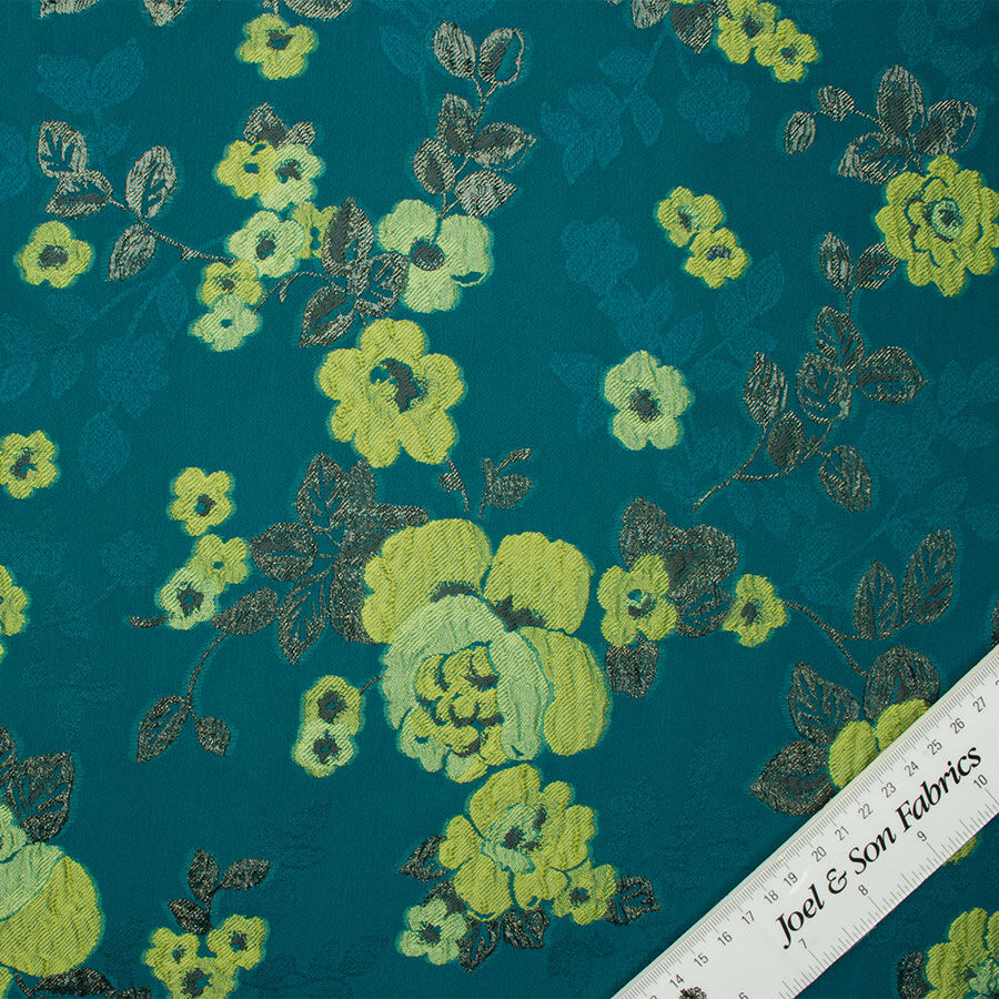 Teal Green Floral Silk Jacquard Cloqué