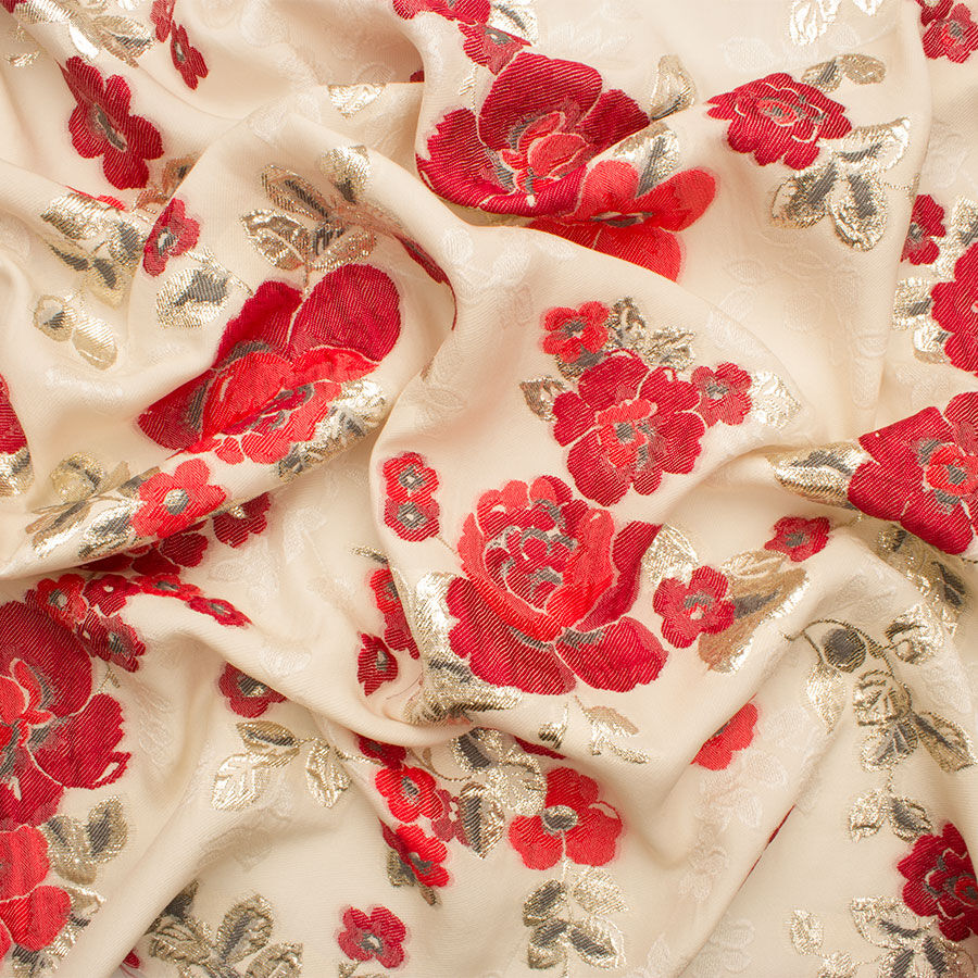 Red Floral Cream Silk Jacquard Cloqué