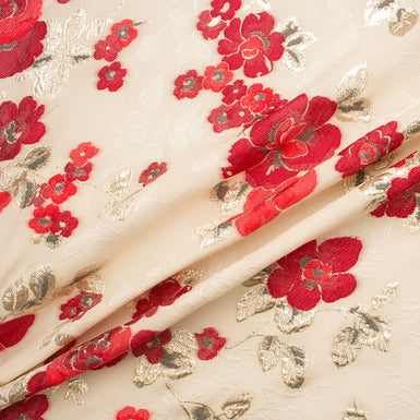 Red Floral Cream Silk Jacquard Cloqué