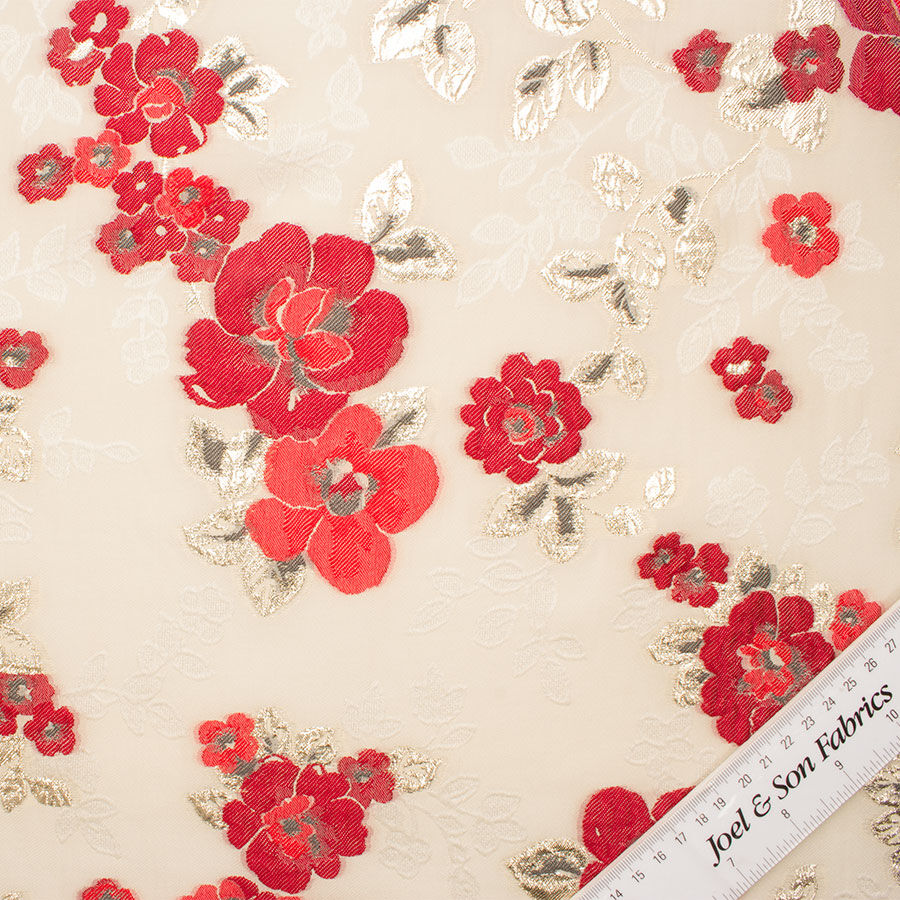 Red Floral Cream Silk Jacquard Cloqué