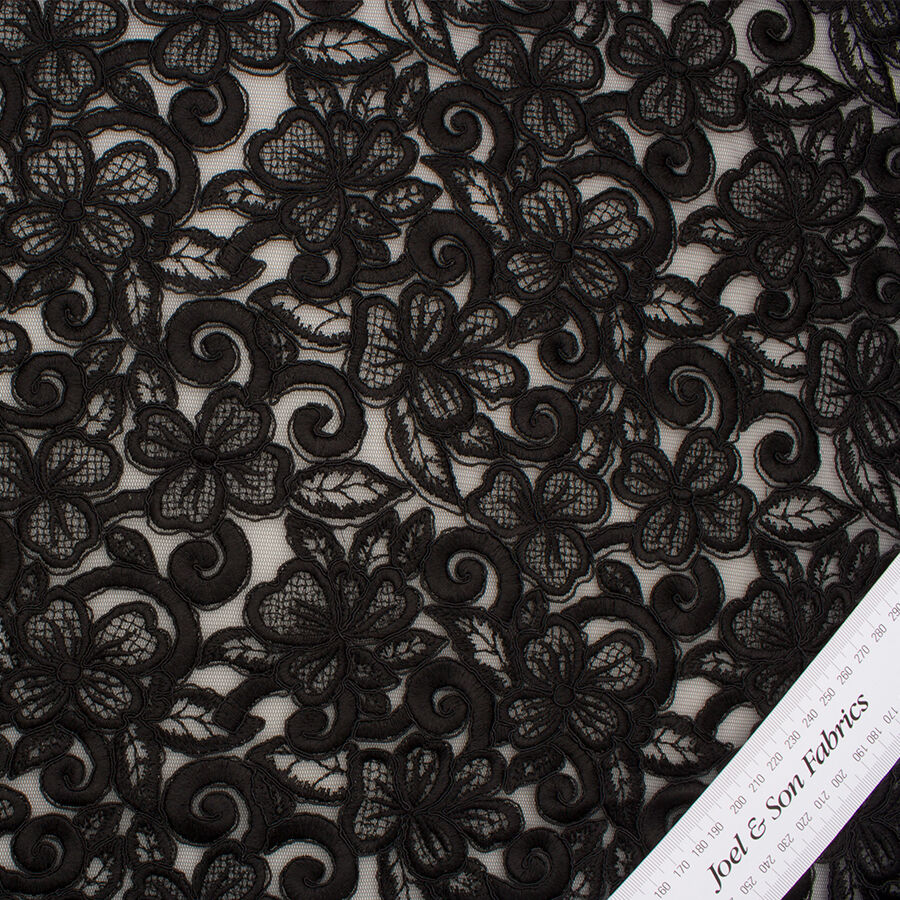 Scalloped Edge Black Embroidered Tulle