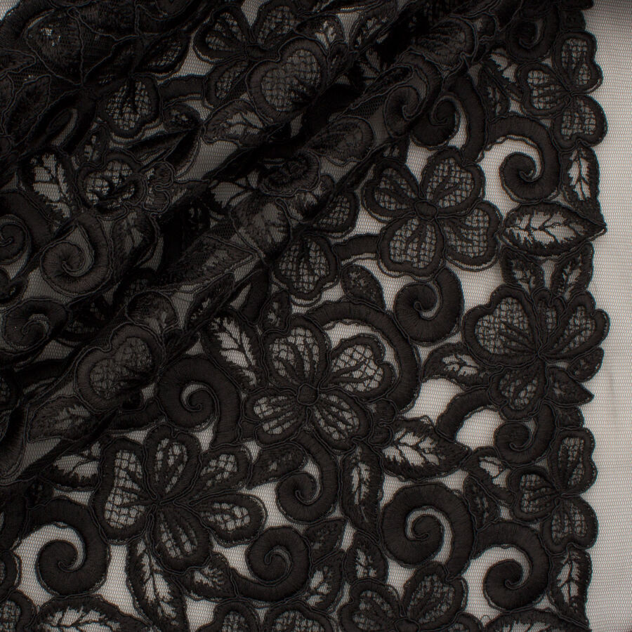 Scalloped Edge Black Embroidered Tulle