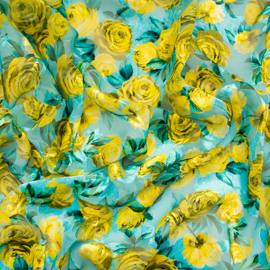 Yellow Rose/Turquoise Devoré Velvet (A 2.95m Piece)