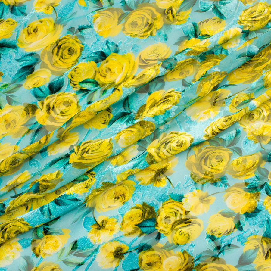 Yellow Rose/Turquoise Devoré Velvet (A 2.95m Piece)