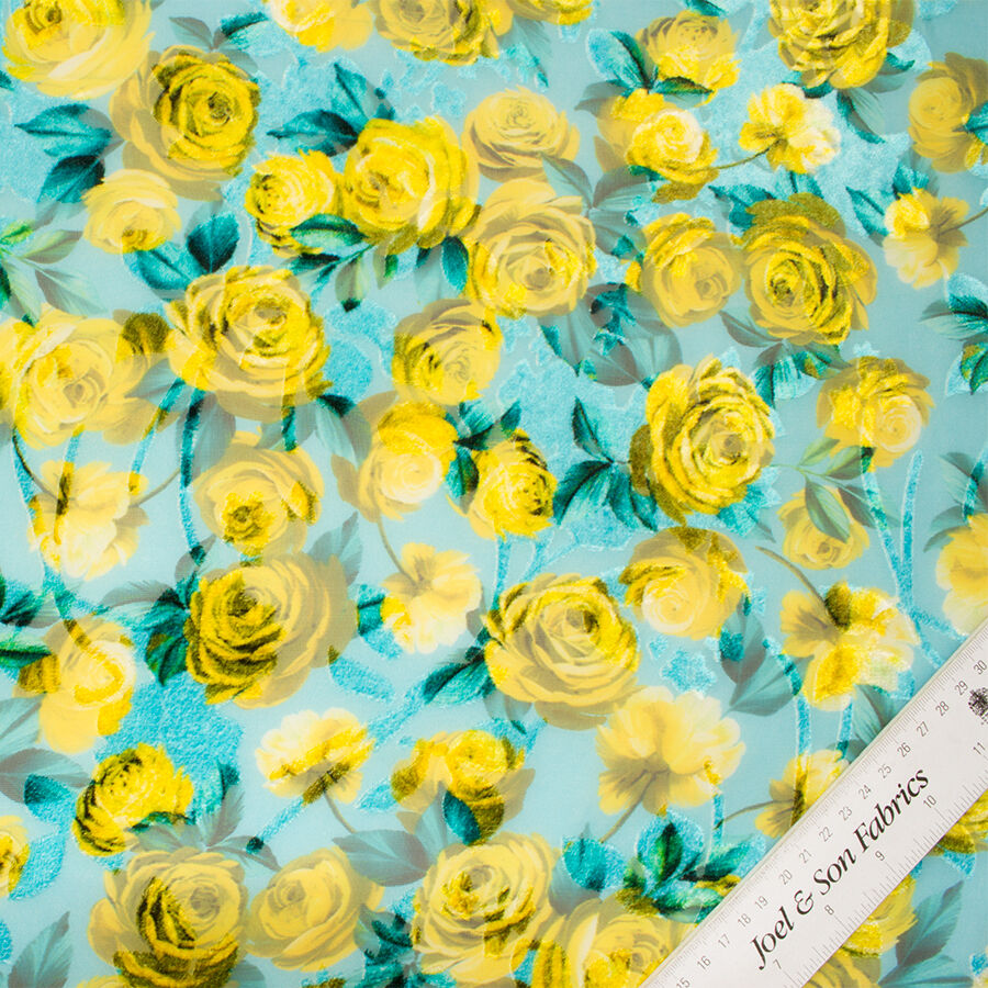 Yellow Rose/Turquoise Devoré Velvet (A 2.95m Piece)