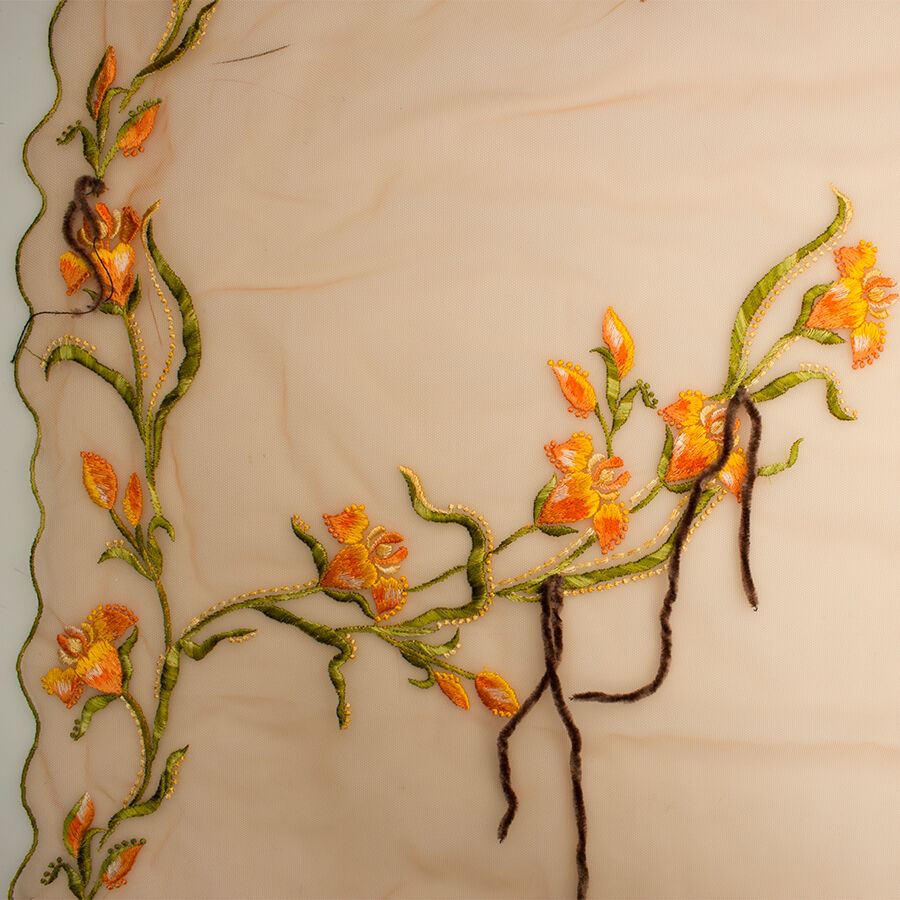 Floral Floral Embroidered Orange Tulle