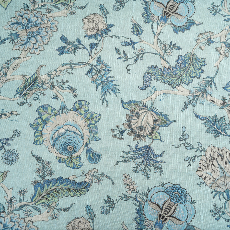 Blue Floral Printed Turquoise Linen