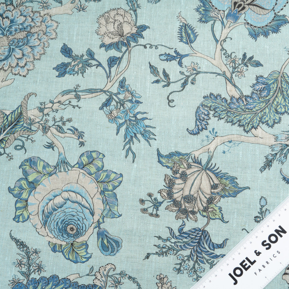 Blue Floral Printed Turquoise Linen
