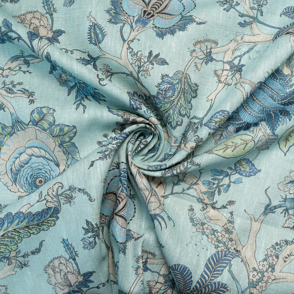 Blue Floral Printed Turquoise Linen