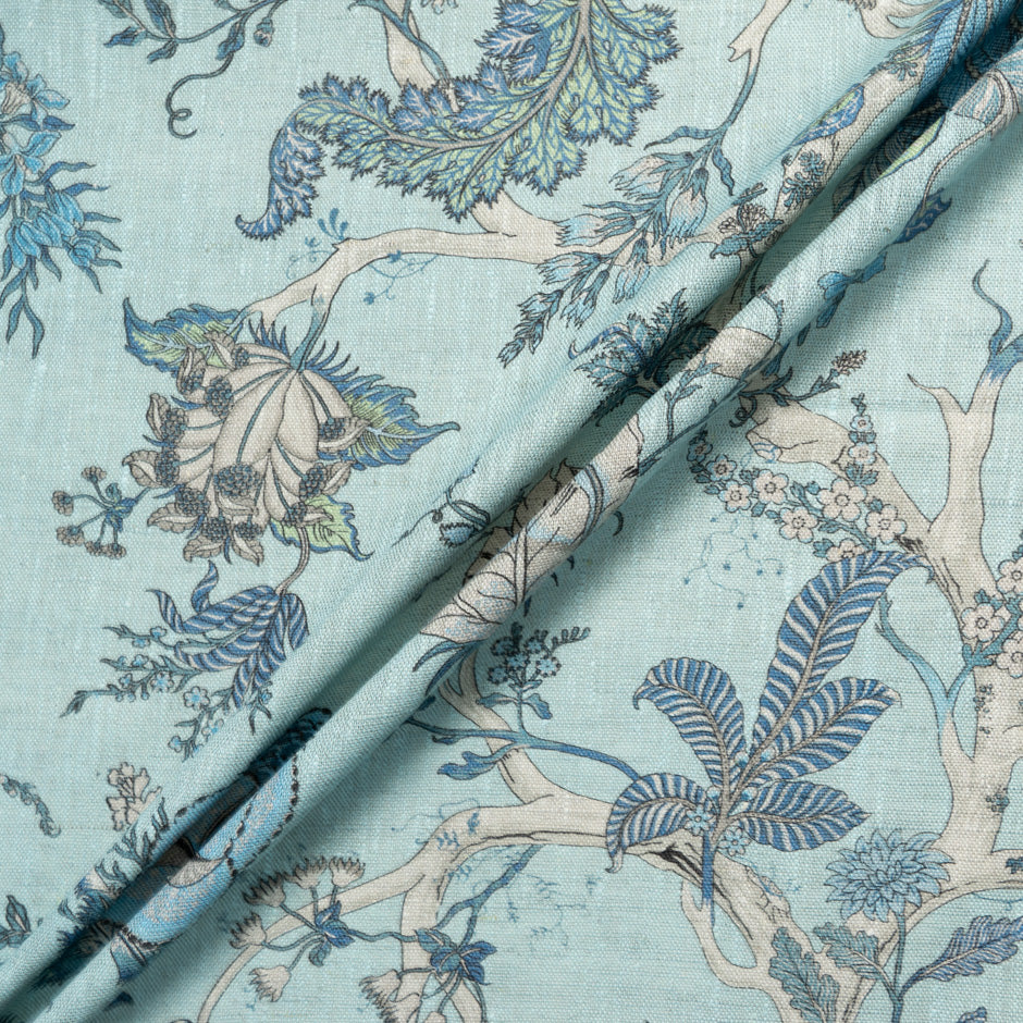 Blue Floral Printed Turquoise Linen