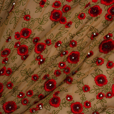 Red Floral Embroidered Nude Silk Chiffon