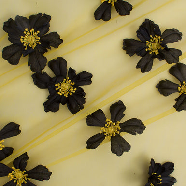 3D Black Floral Embroidered Yellow Tulle