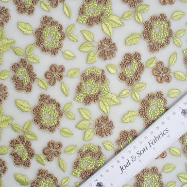 Green & Brown Floral Embroidered Tulle