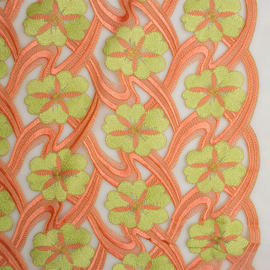 Soft Orange & Green Floral Embroidered Tulle