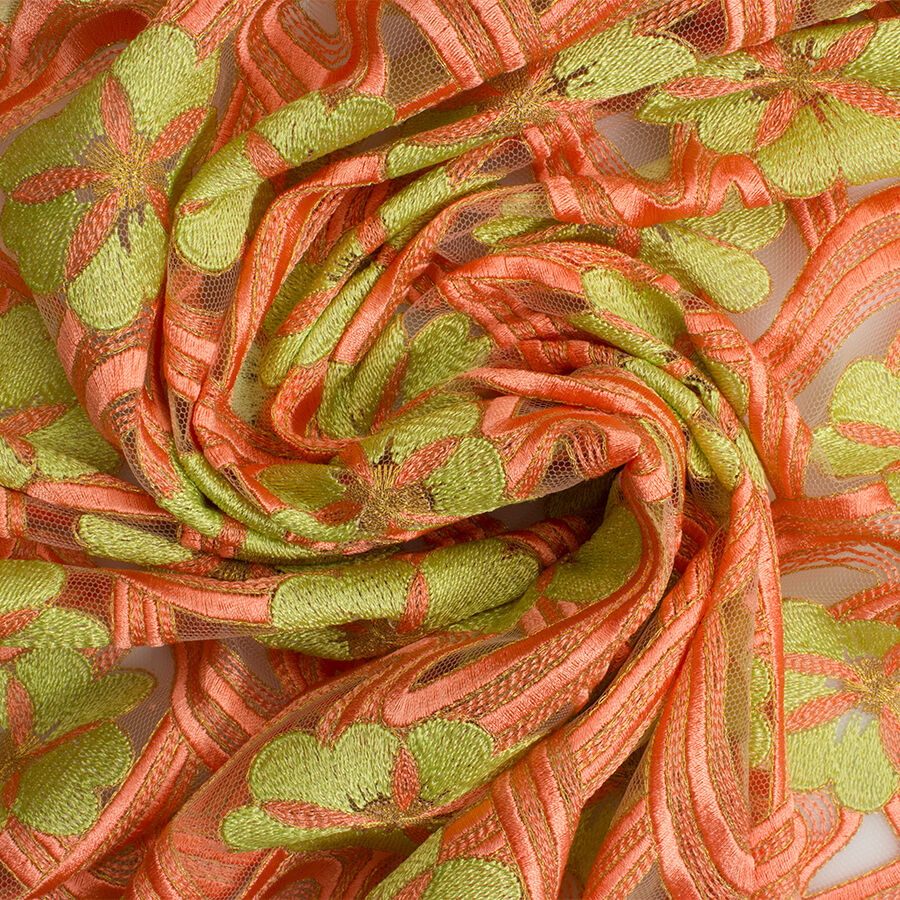 Soft Orange & Green Floral Embroidered Tulle