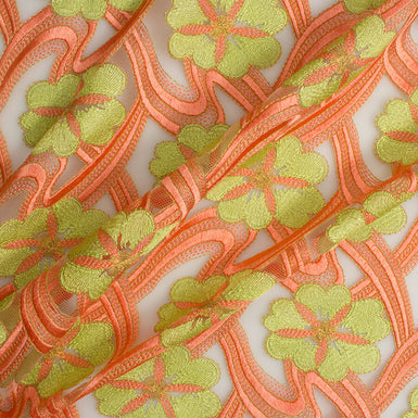 Soft Orange & Green Floral Embroidered Tulle