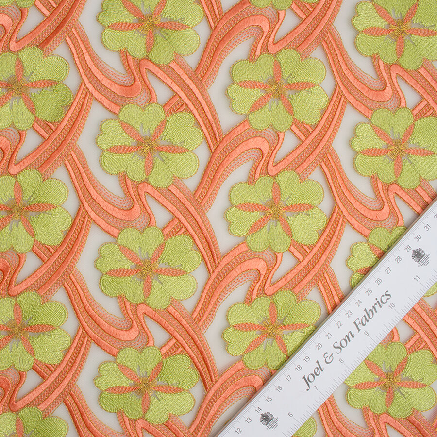 Soft Orange & Green Floral Embroidered Tulle