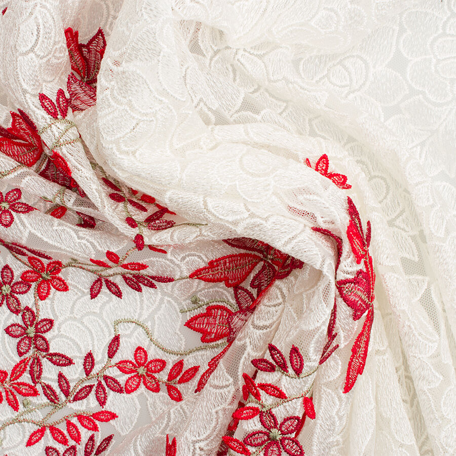 Red Embroidered Ivory Tulle