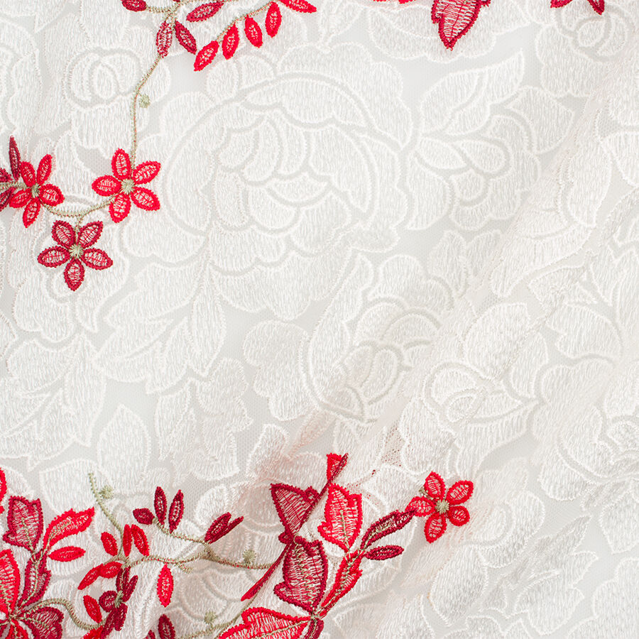 Red Embroidered Ivory Tulle