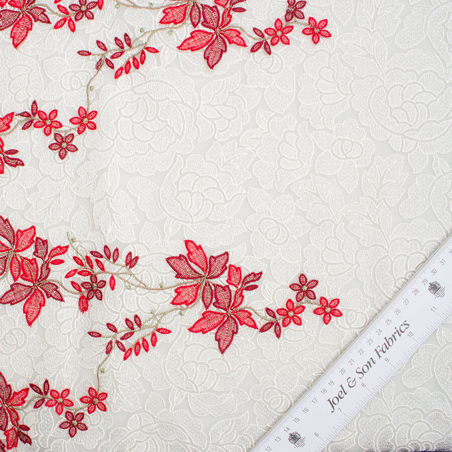 Red Embroidered Ivory Tulle