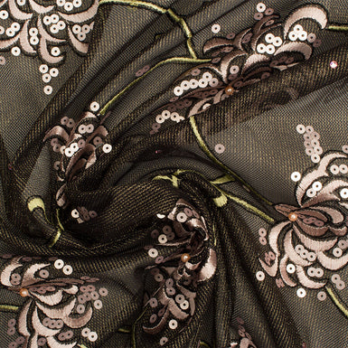 Pink Floral Embroidered Black Tulle