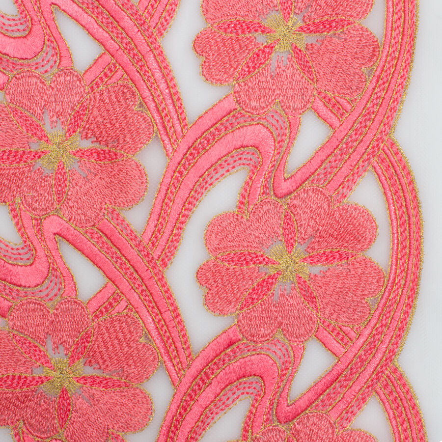 Coral Floral Embroidered Tulle