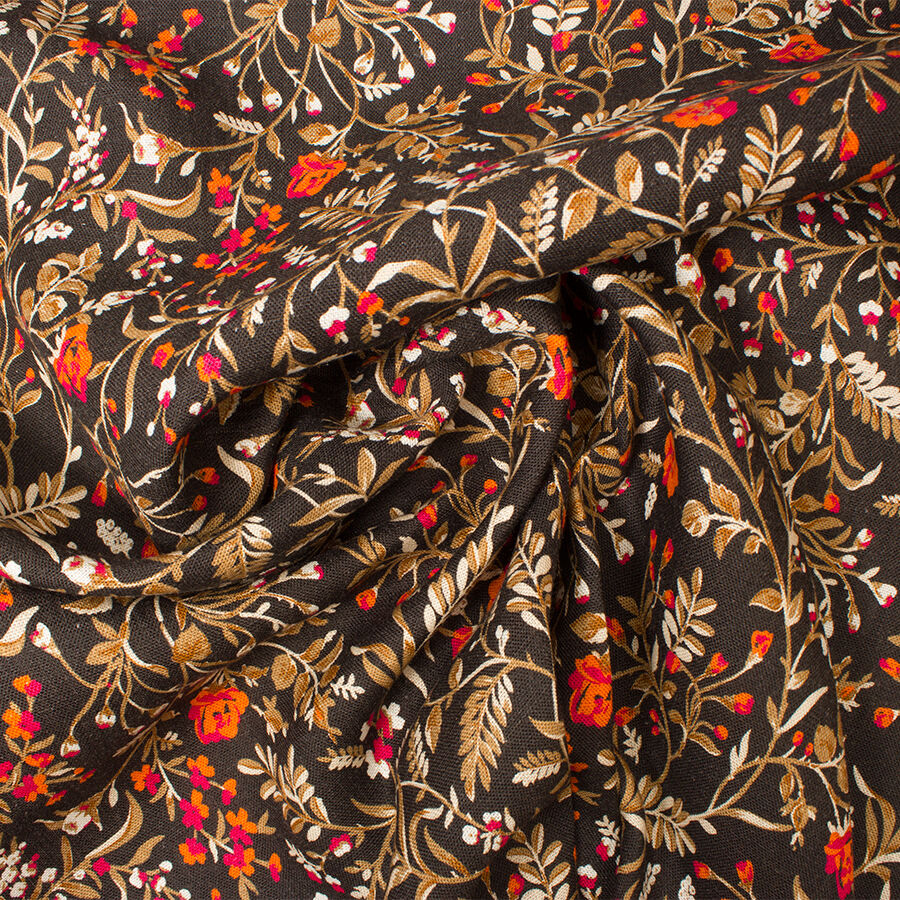 Orange & Pink Floral Printed Black Linen