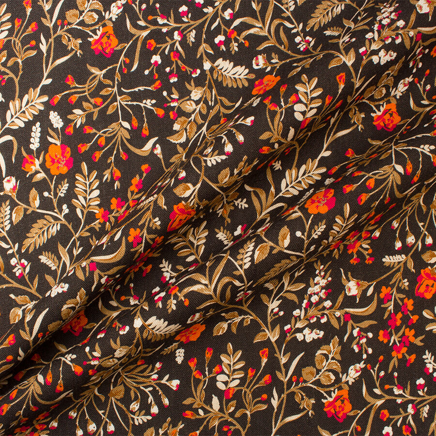 Orange & Pink Floral Printed Black Linen