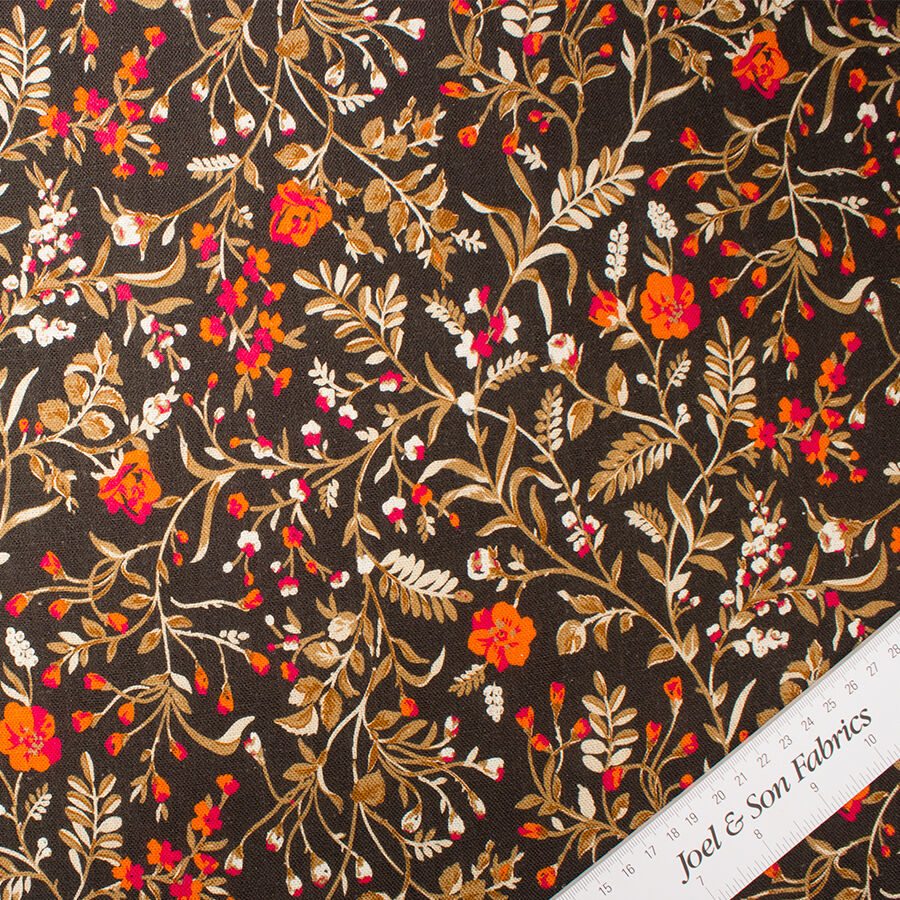 Orange & Pink Floral Printed Black Linen