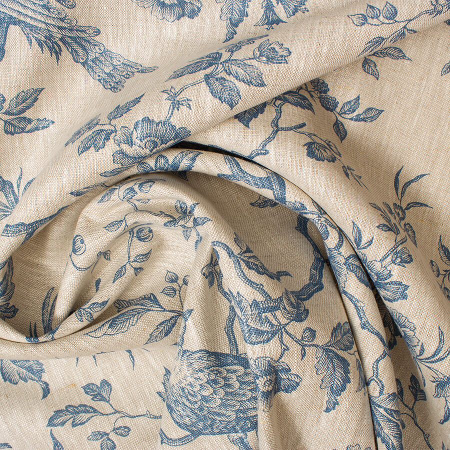 Blue Bird & Floral Printed Oatmeal Linen