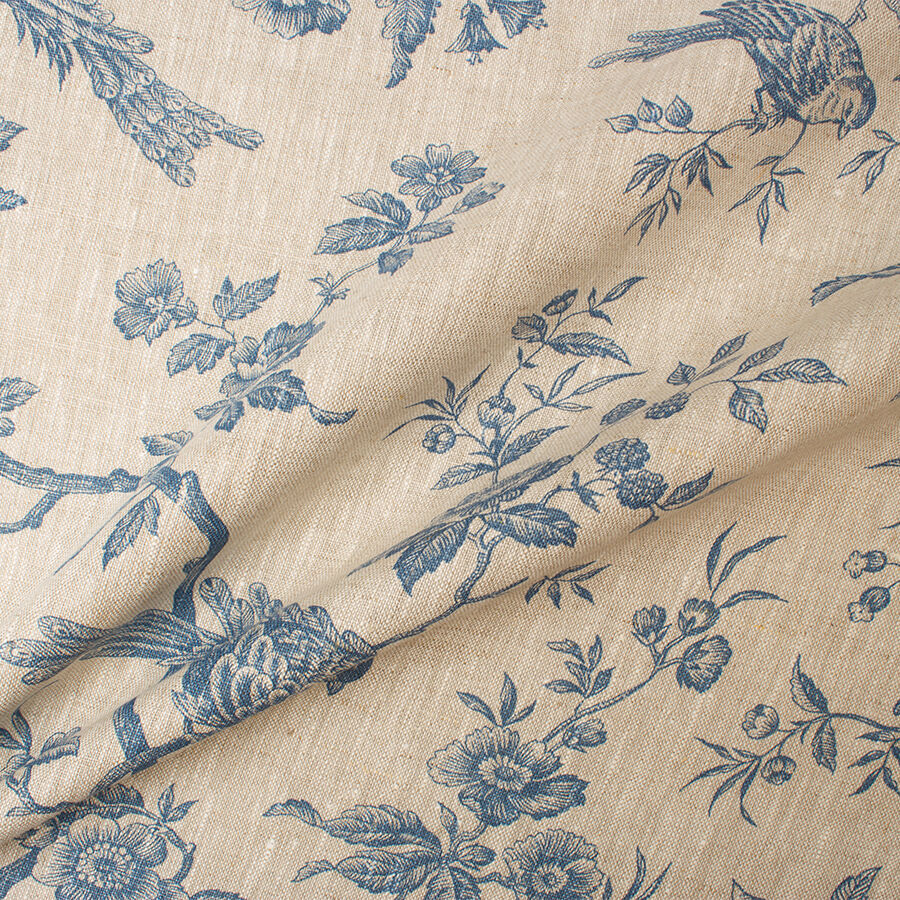 Blue Bird & Floral Printed Oatmeal Linen