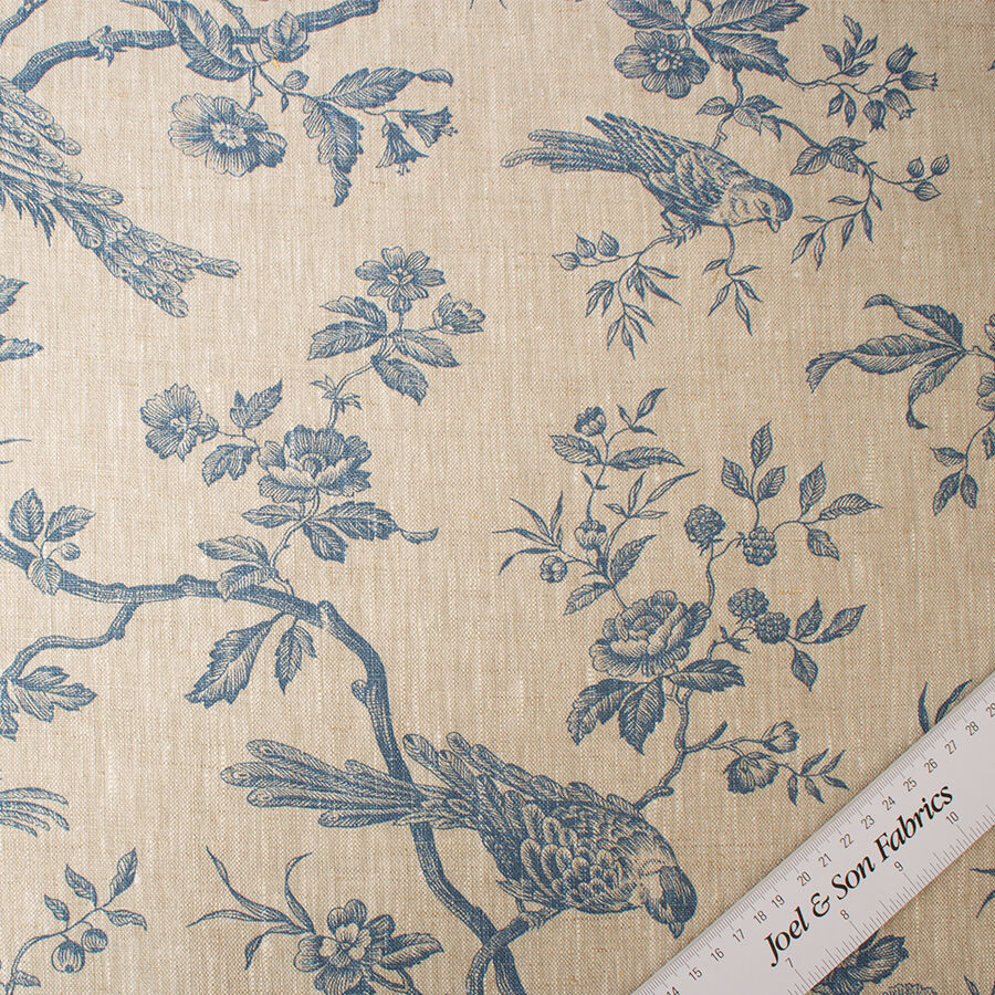 Blue Bird & Floral Printed Oatmeal Linen