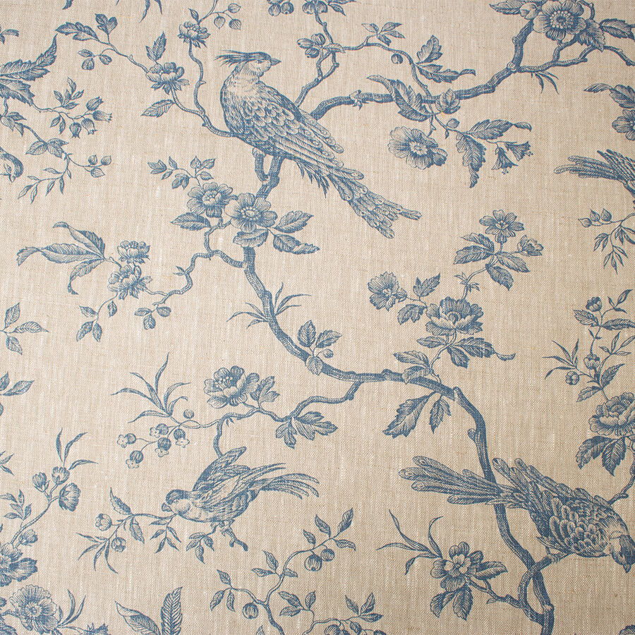 Blue Bird & Floral Printed Oatmeal Linen