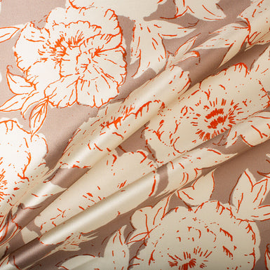 Orange/Ivory Floral Taupe Printed Silk Mikado