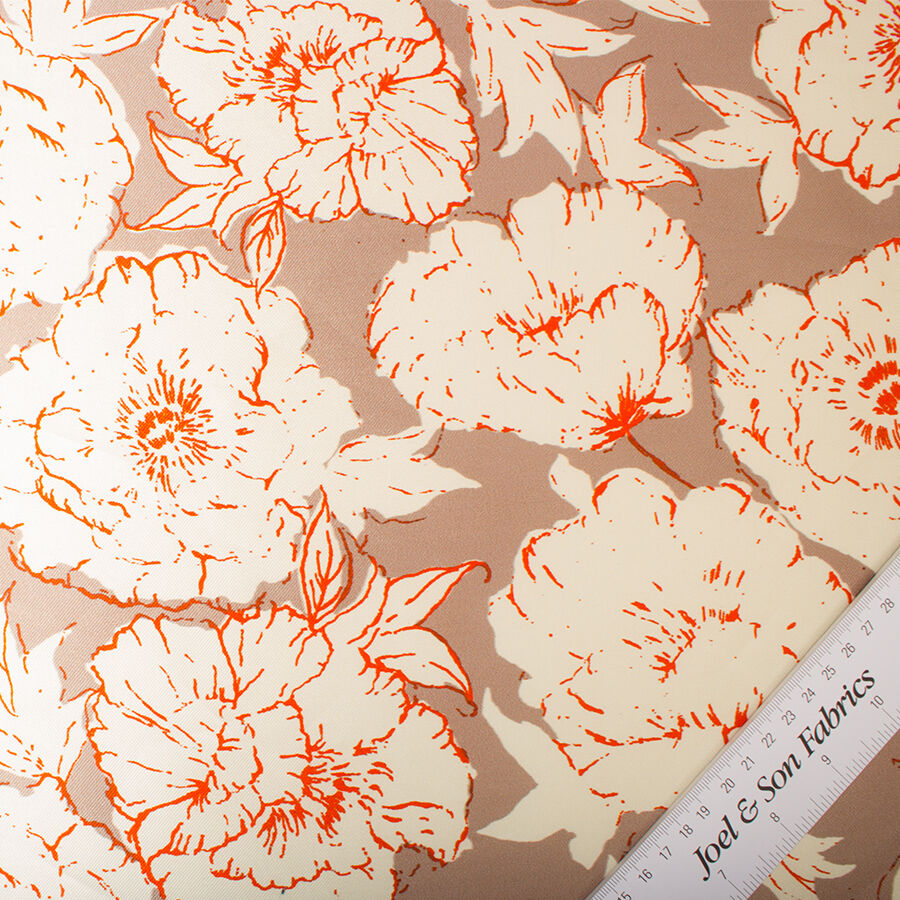 Orange/Ivory Floral Taupe Printed Silk Mikado