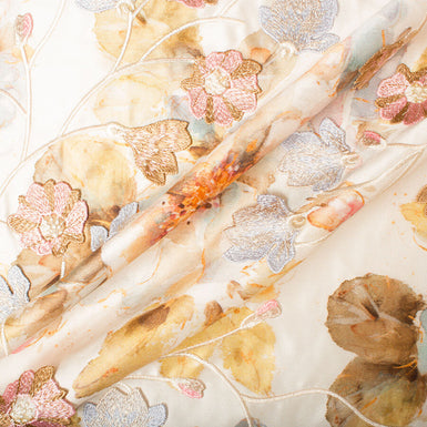 Floral Printed & Embroidered Silk Mikado