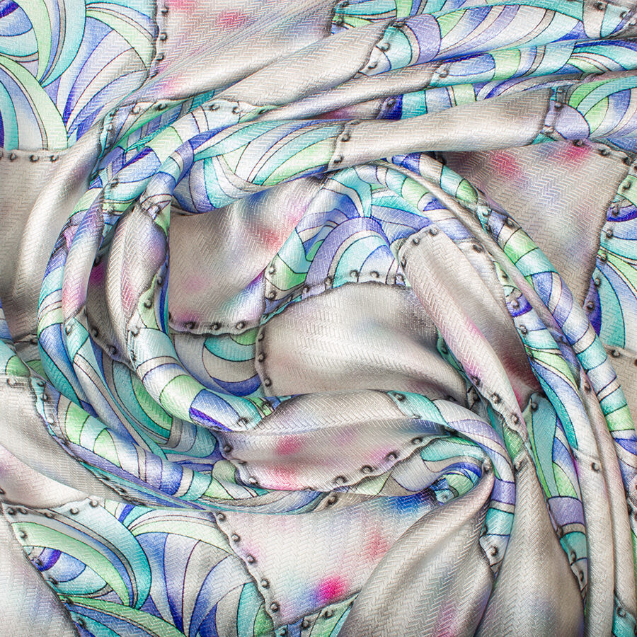 Turquoise Multi Printed Silver Grey Silk Faille (A 3.45m Piece)